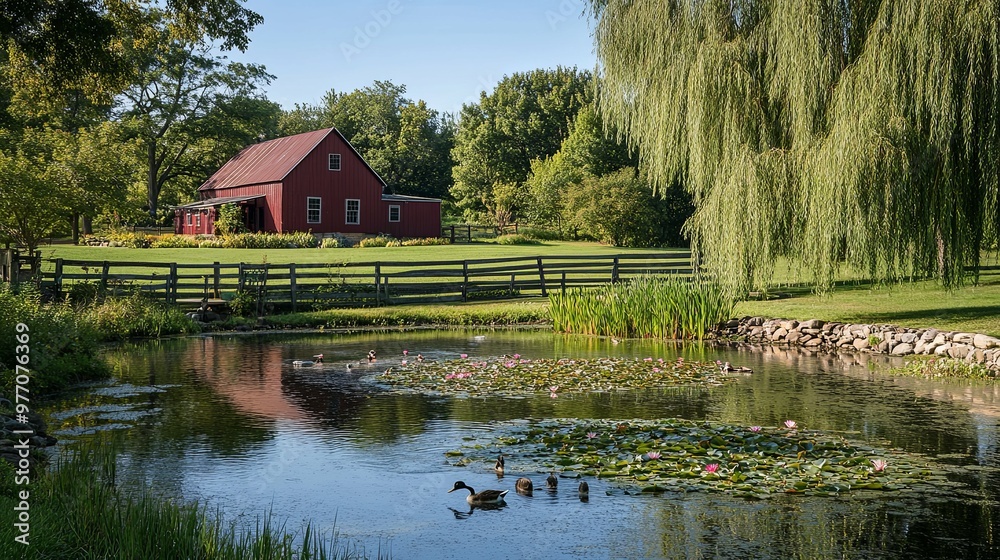 Red Barn, Pond, and Ducks in a Picturesque Country Setting Red Barn, Pond, and Ducks in a Picturesque Country Setting
