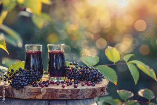 Glasses of fresh elderberry syrup and elderberries on a wooden table on a natural background.
