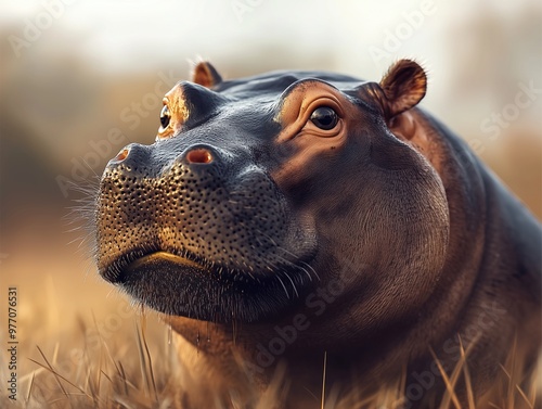 Close Up Portrait of a Pygmy Hippo, Choeropsis liberiensis, in the Wild photo