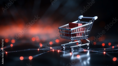 A shopping cart on a digital network background, representing online shopping, e-commerce, and digital retail concepts. photo