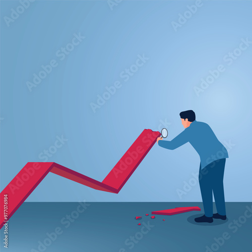 A man holding a magnifying glass to examine a broken graph, an illustration of learning from mistakes, self-development, error analysis, never giving up.