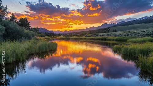 Mountain Lake Reflecting Sunset Sky and Clouds