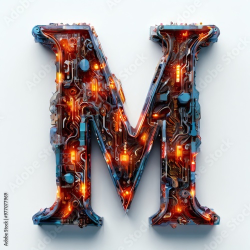 A detailed 3D rendering of the letter M designed with circuit boards and glowing lights. This futuristic style combines technology and typography, perfect for high-tech themes.