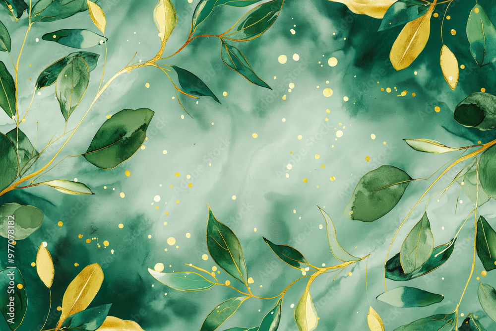 Luxury watercolor background with golden branches and leaves in line art style. Botanical abstract green wallpaper for banner design, textile, print, decor
