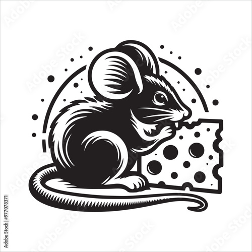 A mouse enjoys a piece of cheese vector illustration silhouette