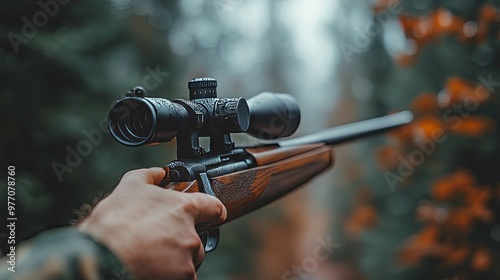 A Hunter's Hand Holding a Rifle with a Scope in a Forest