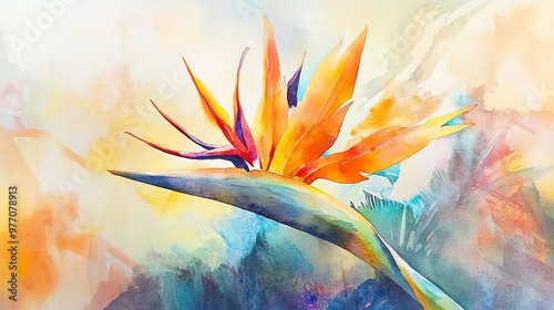 A vibrant watercolor painting of a bird of paradise flower, showcasing bright colors and fluid brushstrokes against a soft background. photo