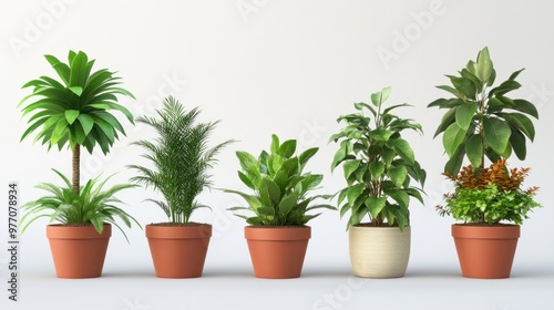 9 isolated house plants in pots with leaves and flowers