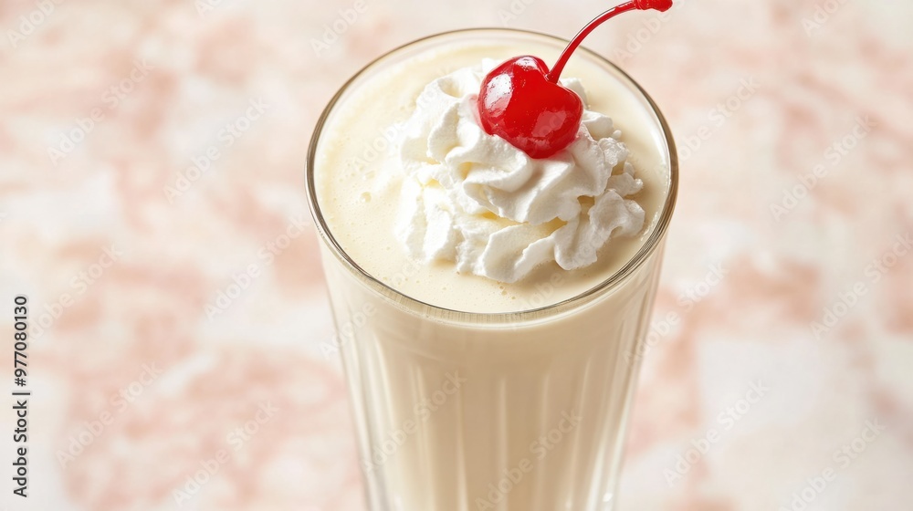 A vanilla milkshake in a clear glass, topped with whipped cream and a maraschino cherry. A vanilla milkshake in a clear glass, topped with whipped cream and a maraschino cherry.