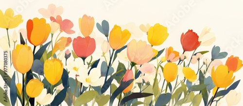 Painting of tulips in bloom featuring vibrant spring colors against a white backdrop