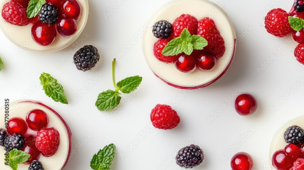 A vanilla mousse dessert, garnished with fresh berries and mint leaves, placed on a plain white background. A vanilla mousse dessert, garnished with fresh berries and mint leaves, placed on a plain white background.