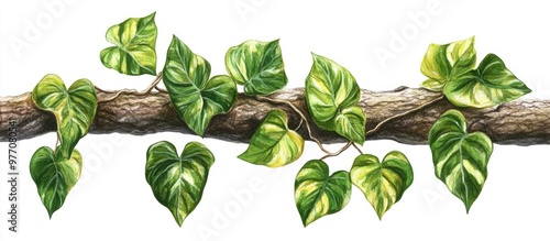 Painting of variegated green leaves of a climbing liana plant on a tree trunk featuring tropical jungle vines and foliage isolated on a white background with clipping path