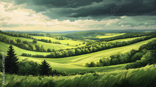 Idyllic green landscape with rolling hills and fields stretching into the distance under a dramatic sky