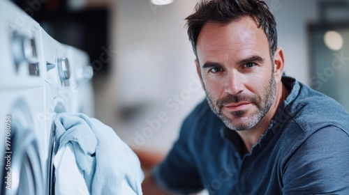 Man using washing machine with towel. Indoor portrait photography for home appliance and laundry concept