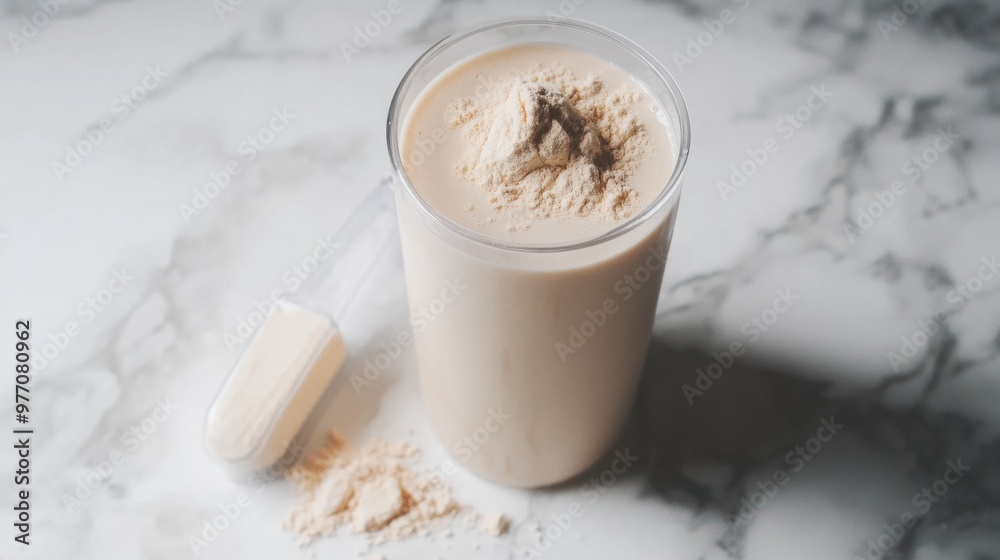 A vanilla protein shake in a clear shaker bottle with a scoop of vanilla protein powder beside it. A vanilla protein shake in a clear shaker bottle with a scoop of vanilla protein powder beside it.