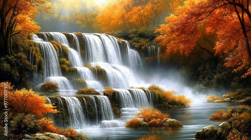 A beautiful waterfall cascades through a forest with vibrant autumn colors. photo