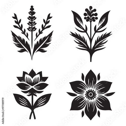 Elegant black and white floral design elements with seamless flower and leaf patterns, perfect for vintage nature illustrations or decorative spring art