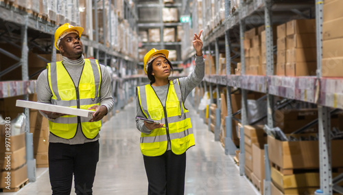 Portrait african american engineer team shipping order detail on tablet export and import,goods,factory,warehouse,international trade,transportation,cargo ship,logistic,distribution.business industry