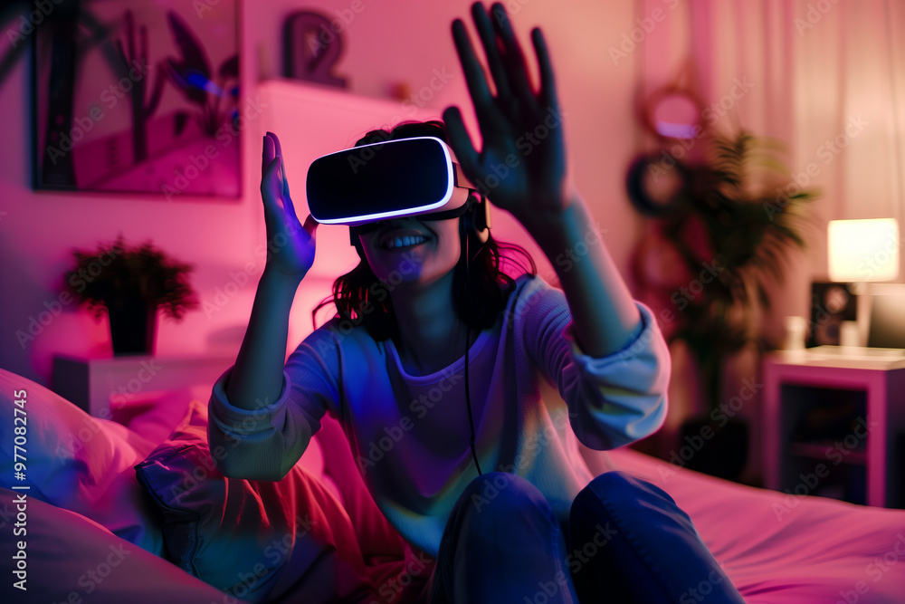  Young Woman Enjoying Virtual Reality Experience with VR Headset at Home