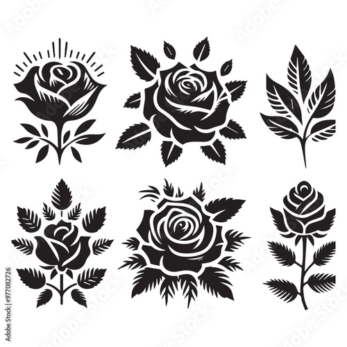 A versatile set of black and white floral elements, perfect for tattoo designs, vintage illustrations, and decorative patterns with an artistic, natural, or tribal style