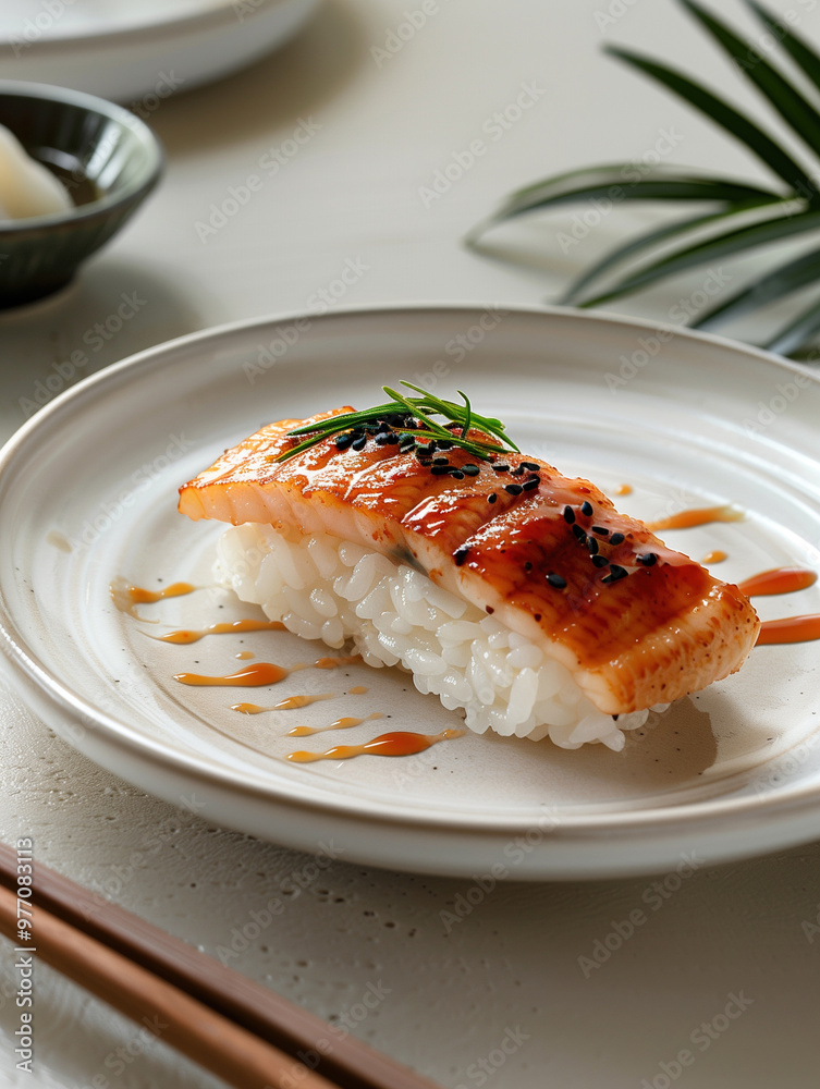 Anago Nigiri saltwater eel sushi drizzled with sauce in a gourmet setting Anago Nigiri saltwater eel sushi drizzled with sauce in a gourmet setting