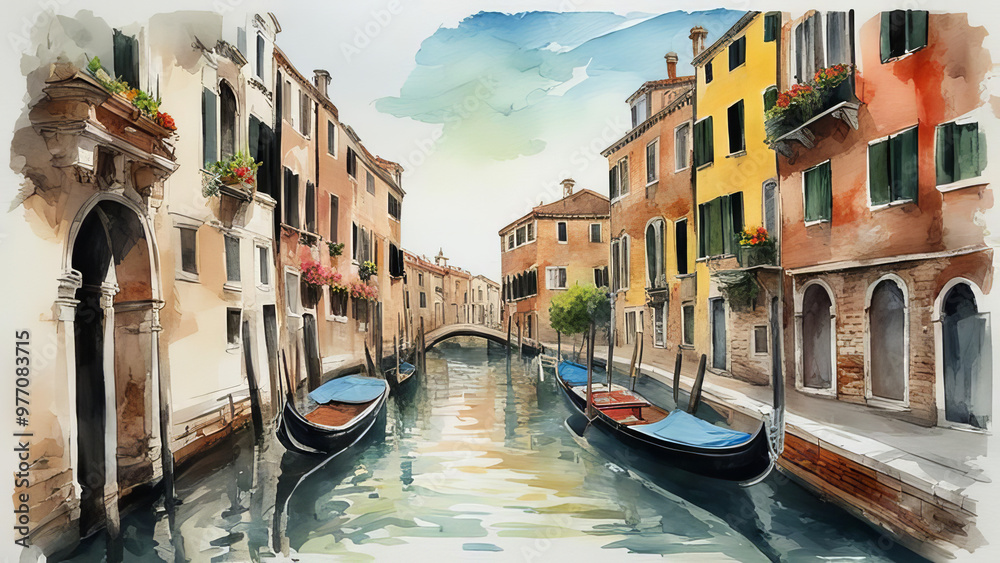 Obraz premium Watercolor painting of a canal in Venice with buildings on either side and gondolas reflecting in the water, creating an enchanting scene