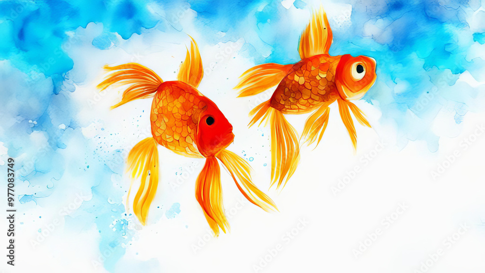 Watercolor landscape of two goldfish in water in blue and white tones, creating a feeling of movement and harmony Watercolor landscape of two goldfish in water in blue and white tones, creating a feeling of movement and harmony