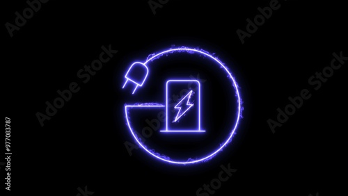 Icon electrocar charge point station neon flash button. Electric station charging power cable supply glowing image 8K illustration photo