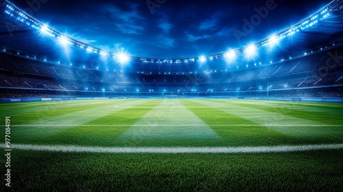 A modern soccer stadium with a lush green field and bright blue spotlights.  The perfect setting for a championship football match.
