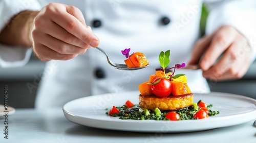 A chef elegantly plating a vibrant dish with fresh ingredients, showcasing culinary artistry and attention to detail.