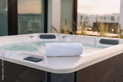 Картината върху платно White folded towels on edge of hot tub against residential backyard garden on te