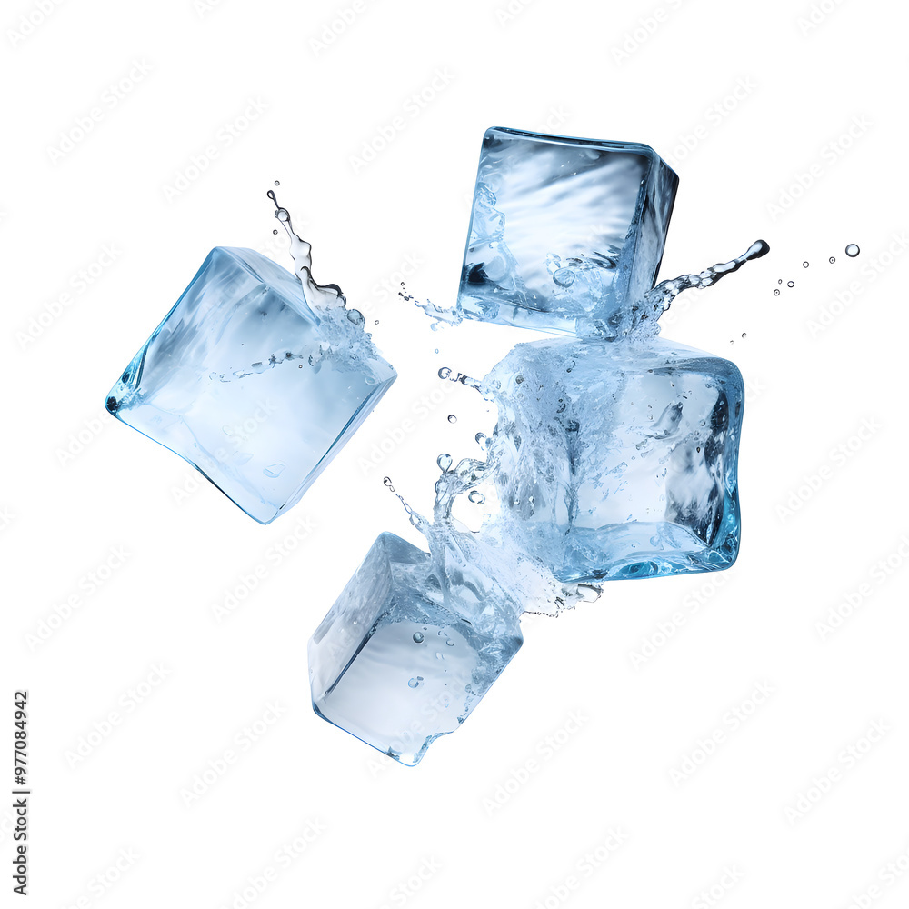 Obraz premium High detailed Three ice cubes on transparent background. Blue clear freeze water