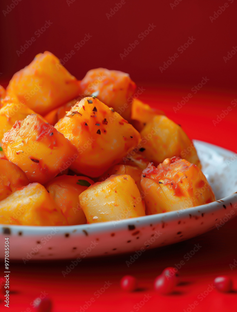 Vivid bold side view of Patatas Bravas, minimalist culinary photography Vivid bold side view of Patatas Bravas, minimalist culinary photography