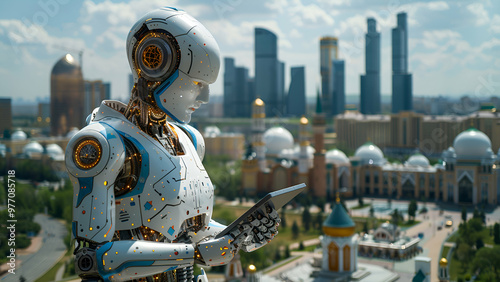 Nomadic Future, The Cyborg Explorer, A highly advanced robot surveys a traditional nomadic settlement, blending cutting-edge technology with ancient culture. The juxtaposition of the futuristic cyborg