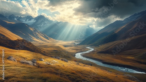 A stunning view of the mountains, a winding river, and a cloudy sky with a bright sunbeam. This is Truso Valley in Kazbegi, Georgia, a beautiful place to travel. photo