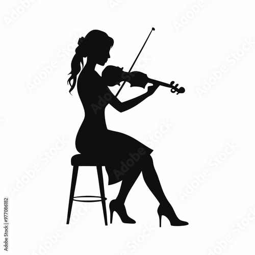 a woman playing the violin, sitting on a stool and holding the bow with both hands, vector silhouette, isolated white background 