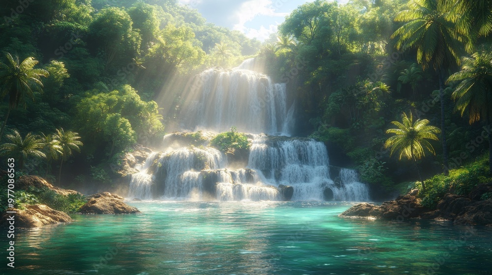 Tropical Waterfall Flowing Through Lush Jungle Generative AI Tropical Waterfall Flowing Through Lush Jungle Generative AI