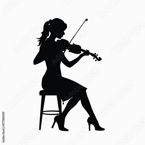 a woman playing the violin, sitting on a stool and holding the bow with both hands, vector silhouette, isolated white background 