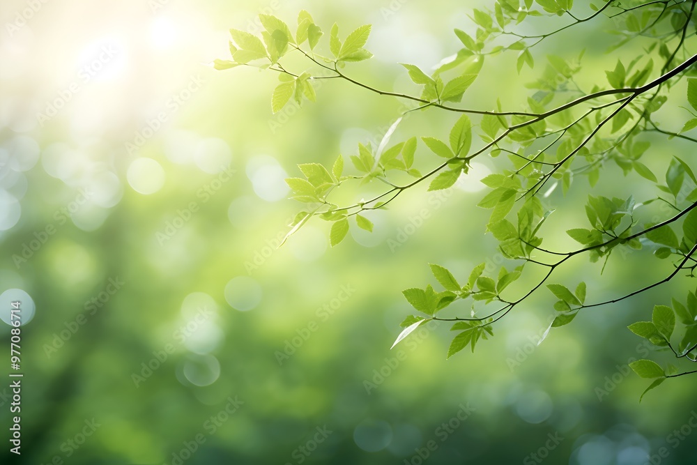 Close up spring nature view of green brunches on blurred garden background with copy space. Natural background Close up spring nature view of green brunches on blurred garden background with copy space. Natural background