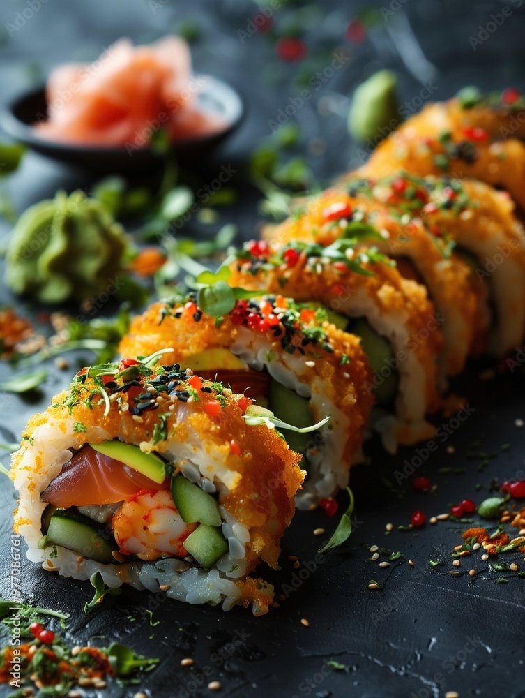 Godzilla Roll Shrimp tempura with avocado and cucumber on a black slate plate Godzilla Roll Shrimp tempura with avocado and cucumber on a black slate plate