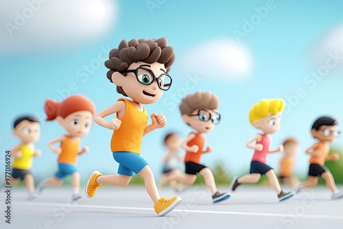 Marathon race in 3D cartoon style, with participants pushing through exhaustion, all focused on the finish line goal