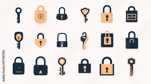 This is a collection of different icons and symbols related to security and access. They include keys, locks, padlocks, and unlock signs. These images are often used for logos or to represent privacy,