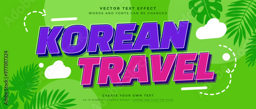 Korean travel text effect on tropical green background, headline title vector graphic style