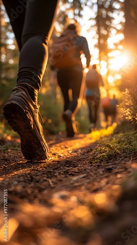 A group of friends hiking in the forest at sunrise, a close-up shot focusing on their shoes and legs as they walk along an old trail with scattered pine trees around them