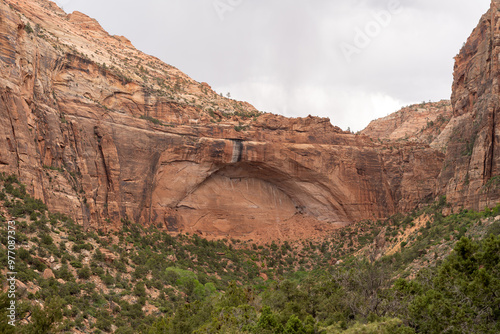 A stunning view of red rocks on a cloudy day at Zion National Park, Utah.