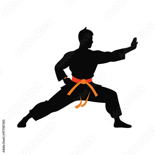 kung fu man standing pose vector silhouette, isolated white background 