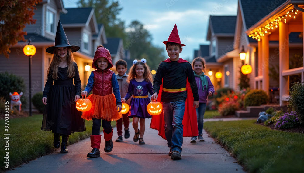 Children in Halloween costumes trick-or-treating on a decorated street at twilight, capturing festive excitement.
Children in Halloween costumes trick-or-treating on a decorated street at twilight, capturing festive excitement.