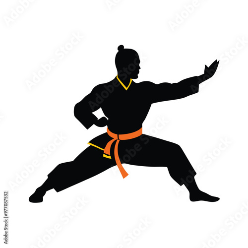 kung fu man standing pose vector silhouette, isolated white background 
