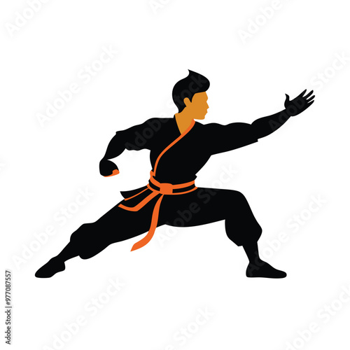 kung fu man standing pose vector silhouette, isolated white background 