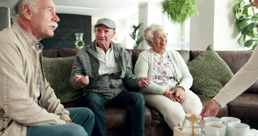 Couch, old man and elderly friends in conversation in living room together for speaking, diversity and bonding. Nursing home, retirement and senior people in discussion and talking to relax on sofa Couch, old man and elderly friends in conversation in living room together for speaking, diversity and bonding. Nursing home, retirement and senior people in discussion and talking to relax on sofa